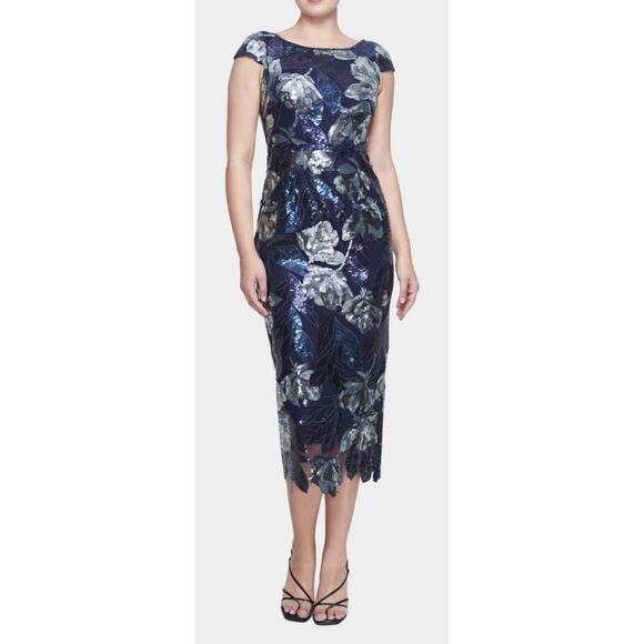 NWT MARCHESA NOTTE DRESS SEQUIN FLORAL EMBROIDERED BLUE SILVER METALLIC EVENING - Picture 1 of 16